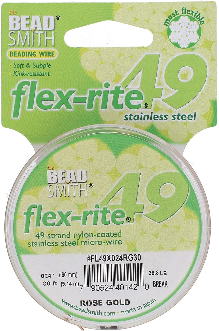 The Beadsmith Flex-Rite Wire – 49 Strand, Nylon Coated, Stainless Steel Beading Wire – Rose Gold Color, 024” Diameter, 30-Foot Spool – Flexible Wire for Necklace, Bracelet and Jewelry Making